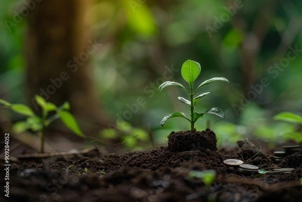 Fototapeta A single green sprout emerges from the rich soil, surrounded by coins, signifying growth and prosperity.