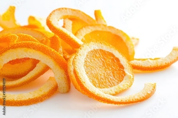 Fototapeta Natural peel and slices of juicy orange in sugar. Concept of health and proper nutrition