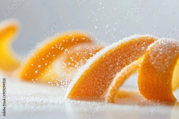 Fototapeta Natural peel and slices of juicy orange in sugar. Concept of health and proper nutrition