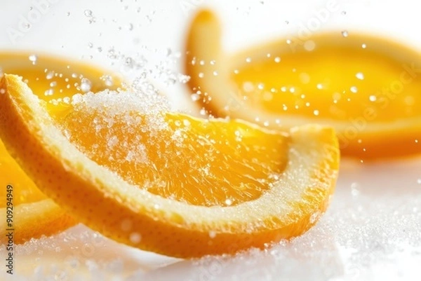 Fototapeta Natural peel and slices of juicy orange in sugar. Concept of health and proper nutrition