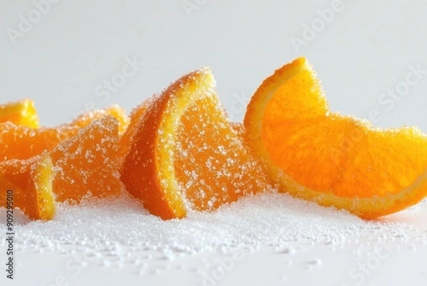 Fototapeta Natural peel and slices of juicy orange in sugar. Concept of health and proper nutrition