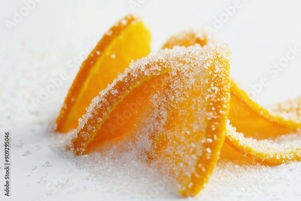 Fototapeta Natural peel and slices of juicy orange in sugar. Concept of health and proper nutrition