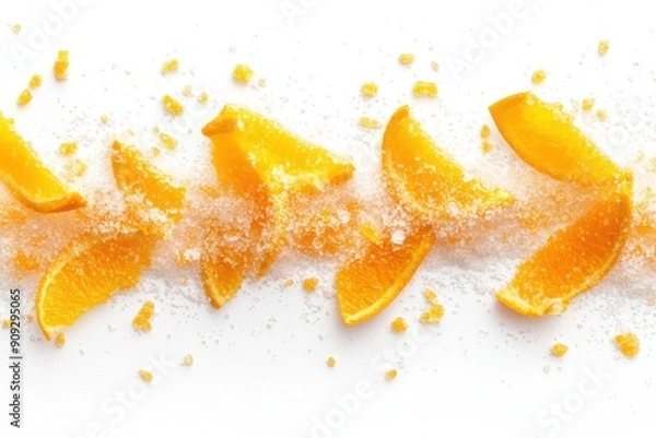 Fototapeta Natural peel and slices of juicy orange in sugar. Concept of health and proper nutrition