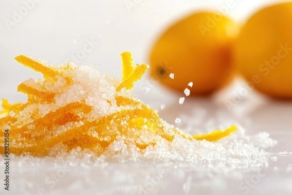 Fototapeta Natural peel and slices of juicy orange in sugar. Concept of health and proper nutrition