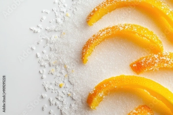 Fototapeta Natural peel and slices of juicy orange in sugar. Concept of health and proper nutrition