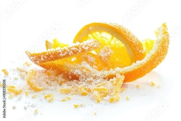 Fototapeta Natural peel and slices of juicy orange in sugar. Concept of health and proper nutrition