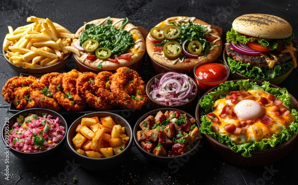 Fototapeta Delicious Spread of Fast Food and Snacks on Black Table. A colorful array of fast food including burgers, fries, and spicy chicken, artfully arranged for a satisfying meal.