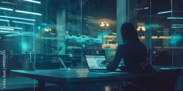 Fototapeta IT woman working analysis multiple monitors control cyber global, data charts, laptop