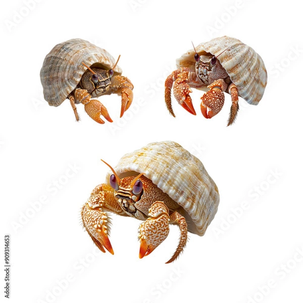 Fototapeta Close-up of a hermit crab in a white seashell isolated on a white background