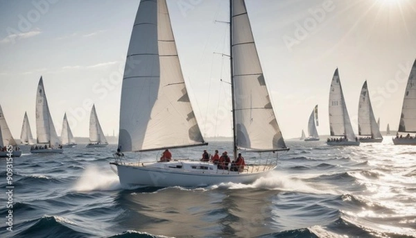Fototapeta Bright sunlight illuminates a sailboat racing across the churning sea, with a determined sailor adjusting the sails to harness the wind and surge ahead.






