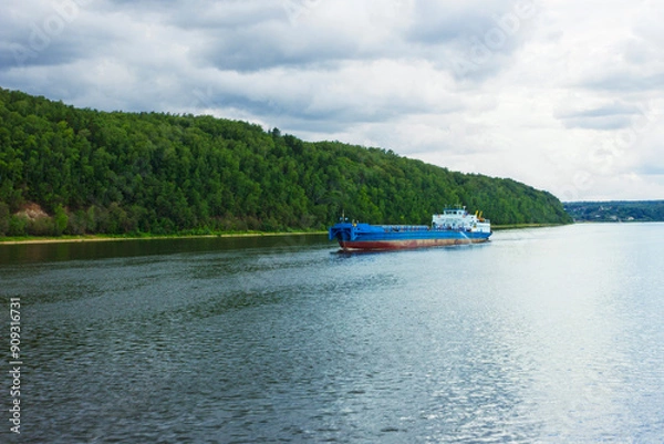 Fototapeta Empty bulk carrier heading downstream. Volga. Russia