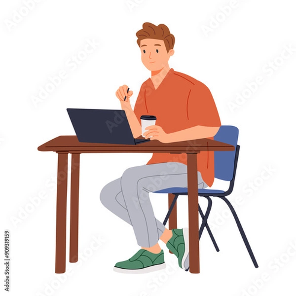 Fototapeta Man at office desk with laptop. Happy employee working online, speaking, smiling and gesturing with hand.