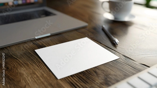 Obraz Black and white visit card, visit card mockup, black and white visit card on the work desk