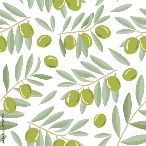 Fototapeta Seamless pattern with green olives on a branch with leaves. Vector illustration. For backgrounds, wallpapers, wrapping paper, textile.