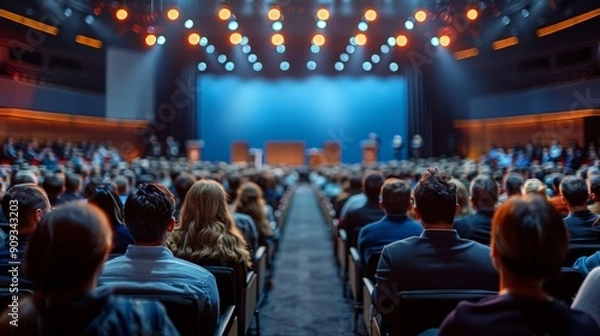 Fototapeta Engaged Audience Attending a Formal Event With Bright Stage Lights and Presenters on Stage
