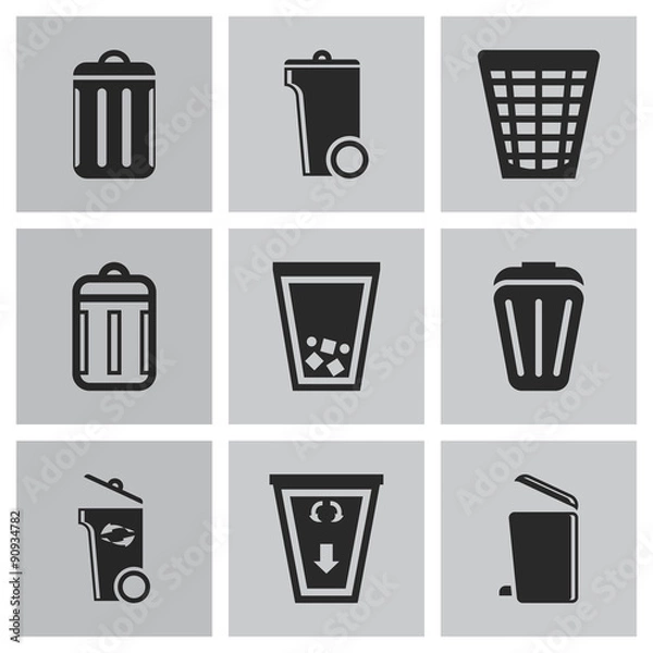 Fototapeta Vector black trash can icons set on grey background
