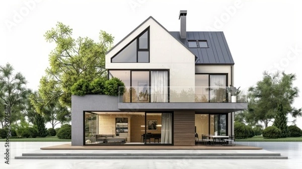 Fototapeta Modern Architectural Design Showcasing A Spacious Home Surrounded By Lush Greenery During Daylight