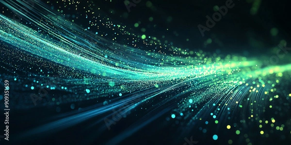 Fototapeta Background with glowing light blue and green lines, particles of data flowing in the air