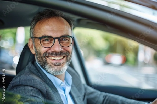 Fototapeta transport, business and communication concept - smiling male passenger or businessman using smartphone on back seat of taxi car. Beautiful simple AI generated image in 4K, unique.