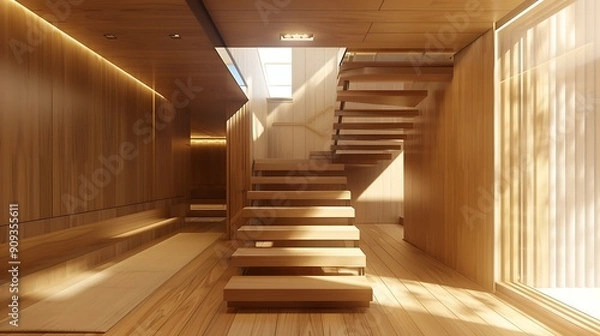 Obraz Wooden staircase to the attic in a modern house