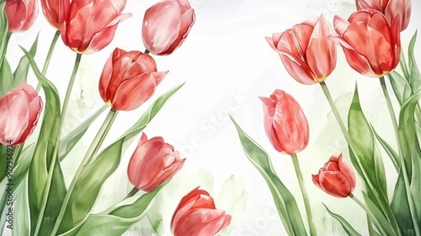 Fototapeta Watercolor tulips frame. international women's day. for design card print or background.