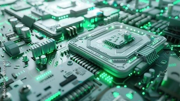 Fototapeta Detailed Close-Up of Modern Circuit Board With Green Lighting Displaying Advanced Technology