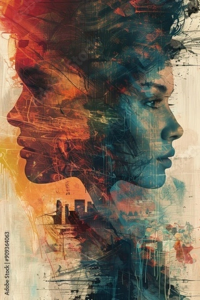 Fototapeta Abstract Portrait with Cityscape Overlay