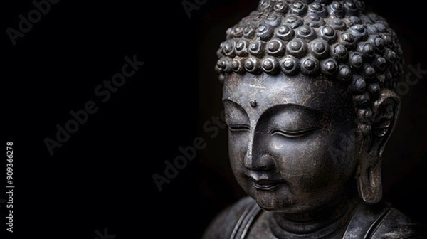 Fototapeta Antique bronze Buddha statue with intricate curls on a dark background