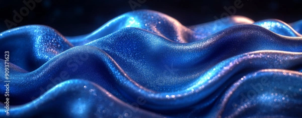 Fototapeta 3D render of a blue abstract background with flowing silk cloth in the style of metallic texture, liquid metal