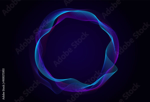 Fototapeta Dynamic sound wave circle expressing vibrant wave patterns in a dark background with neon hues and fluid motion. Abstract colorful line art design element in vibrant blue and purple colors.
