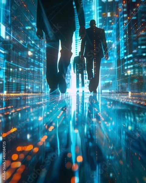 Fototapeta Knee Level Shot of Banking Data Lowangle view capturing the feet of bankers as they move across a futuristic office floor, with holographic data streams flowing around them, in a modern, tech-inspire 