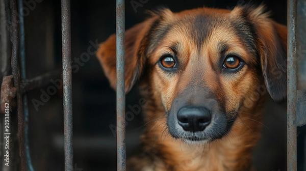 Fototapeta A moving sight of a dog waiting with a longing look for a new home, locked in a shelter cage, full of hope for a better tomorrow.