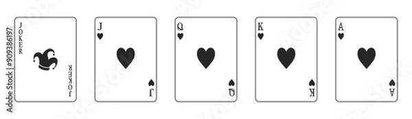 Fototapeta Set of high value hearts playing cards including jack, queen, king, ace and joker in vector outline
