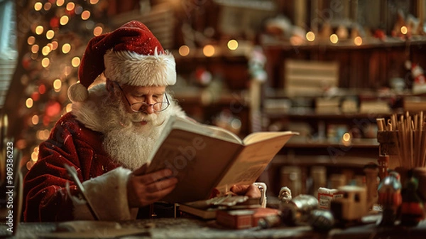 Fototapeta Thoughtful Santa Claus Reading in His Festive Workshop - Father Christmas Preparing for the Holiday Season - Merry Christmas from Santa's Workshop