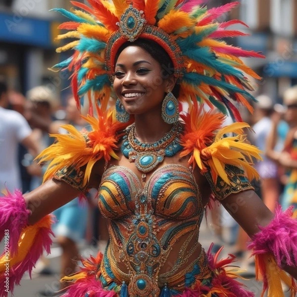 Fototapeta Colorful Costumes And Floats At Notting Hill Carnival In The Uk 8K Uhd High Quality Cinematic Style Dynamic Scene Professional Photo