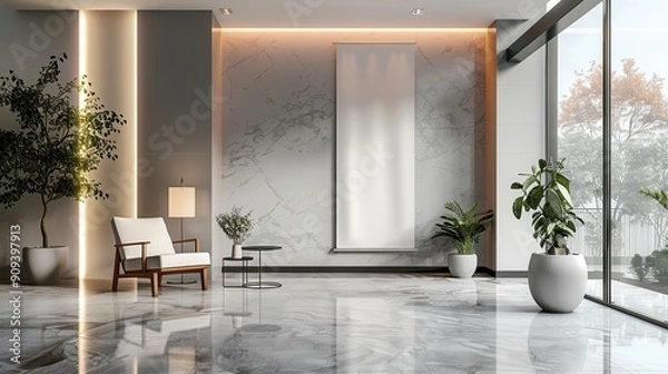 Fototapeta elegant rollup banner mockup displayed in a sleek modern corporate lobby with marble floors ambient lighting and minimalist decor