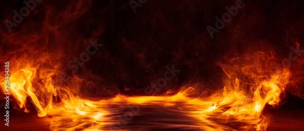 Obraz Dramatic fire and smoke effect glowing red and yellow colors exploding outwards with center space. Vivid and hot hell abstract or blazing fire background or wallpaper