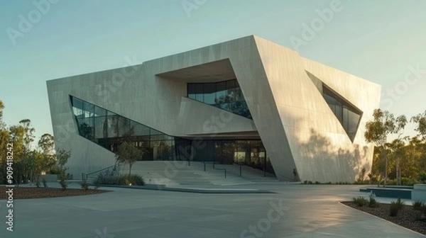 Fototapeta A large building with a lot of windows and a slanted roof
