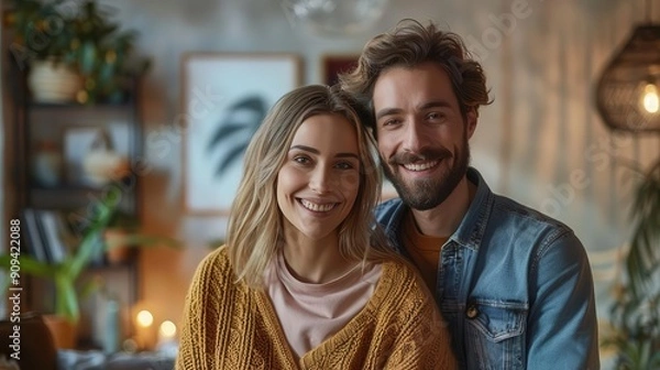 Fototapeta Young couple creating a new home, decorating together, selective focus, industrial chic, realistic, manipulation, urban apartment backdrop