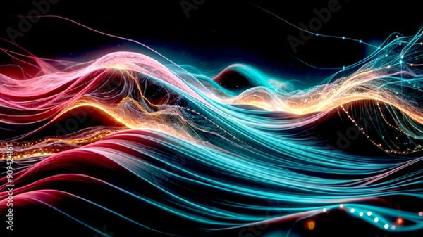 Fototapeta abstract visualization of flowing waves, illuminated with vibrant colors such as deep pink, electric blue, and glowing gold.