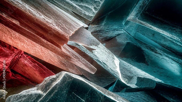 Fototapeta An abstract close-up image of layered translucent crystals, showcasing a dramatic interplay of deep reds, icy blues, and starkblacks. 