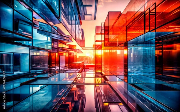Fototapeta Abstract architectural composition featuring a dynamic arrangement of translucent glass panels in varying shades of blue, orange, andred.