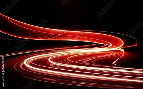 Fototapeta abstract of flowing light trails in vibrant shades of red and orange against a deep black background.