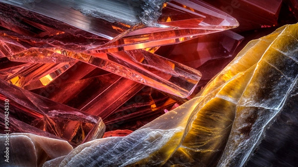 Fototapeta An abstract close-up image of layered translucent crystals, showcasing a dramatic interplay of deep reds, icy reds, and starkyellow.