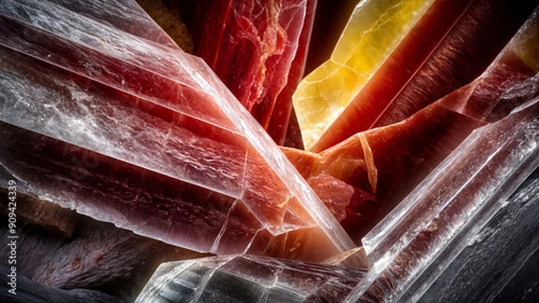 Fototapeta An abstract close-up image of layered translucent crystals, showcasing a dramatic interplay of deep reds, icy reds, and starkyellow.