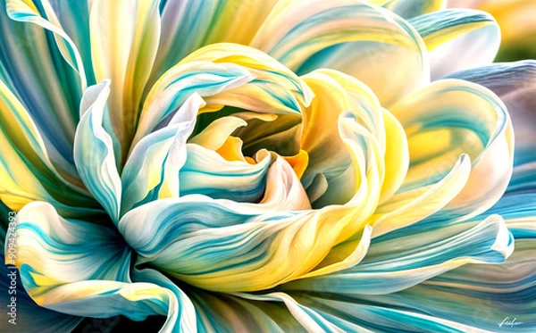 Fototapeta Abstract, background, cinematic close-up of a blooming flower with swirling petals in soft pastel colors of blue, yellow, and white. 