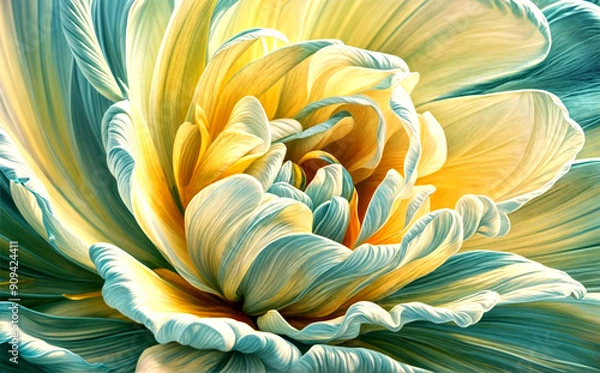 Fototapeta Abstract, background, cinematic close-up of a blooming flower with swirling petals in soft pastel colors of blue, yellow, and white. 