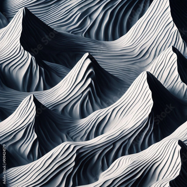 Fototapeta Abstract black dark background with white lines, creating a wave pattern on the surface of mountains, 3D rendering, high resolution | Variant 4