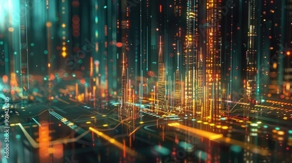 Fototapeta 3D illustration of a financial graph with rising trends and digital effects on a futuristic background with this inviting photo.