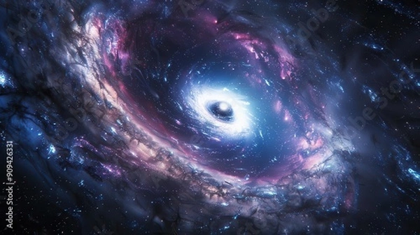 Fototapeta Create a vibrant scene of a galaxy with a singularity at the center of a black hole, top view, capturing the moment of creation, Scifi tone, vivid, copy space for text,